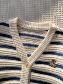SHEIN Unisex Baby Jungen/Mädchen Baby Jungen Herbst/Winter Lässig Süß Gestreifter Strick Cardigan Pullover Jacke, Baby Jungen Herbst/Winter Kleidung, Weich, Vintage - Blau-Weiß - Übersicht 7