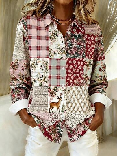 SuriyaCove Digital Print Loose Casual Long Sleeve Women's Shirt