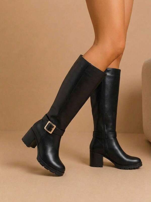 Botas de temporada con fajo y tacón grueso cómodo para mujer