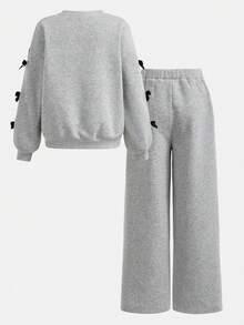 SHEIN Girlism 青少年女孩秋冬時尚灰黑蝴蝶結裝飾圓領長袖上衣與寬腿長褲運動衫套裝，返校季 - 灰色 - 查看 2