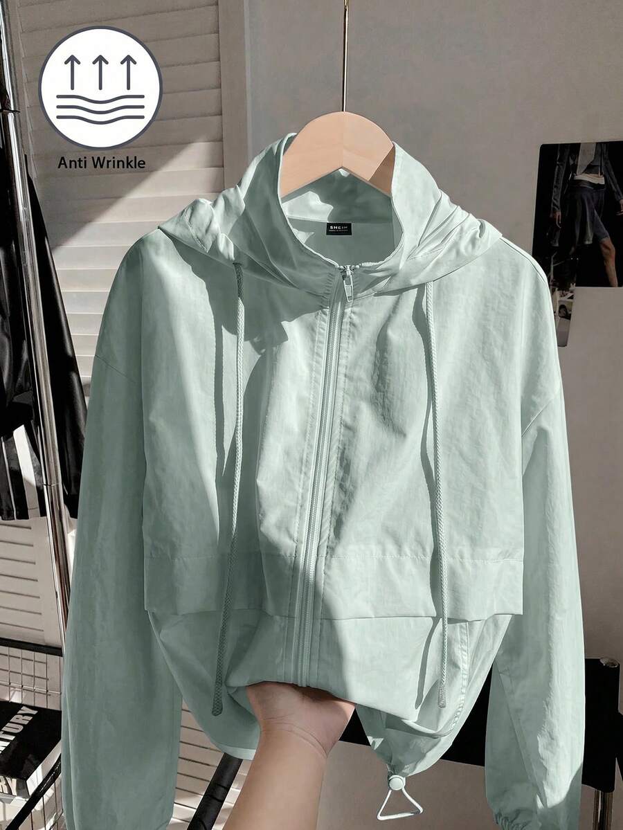 Comfortcana 1pc Solid Color Front Zip-Up Long Sleeve Casual Hooded Sun Protective Lightweight Jacket In Summer/ Hiking Sage Green - Mint Green - View 1