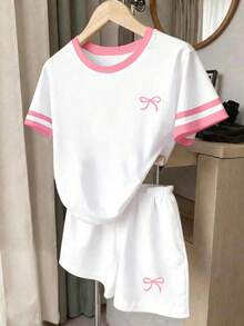 (Random Pattern, 1 Set Random) Girls' Fashion Colorful Striped Floral Strawberry Bow Print Basic Short T-Shirt And Shorts Set, Summer Daily Wear - Multicolor - View 4