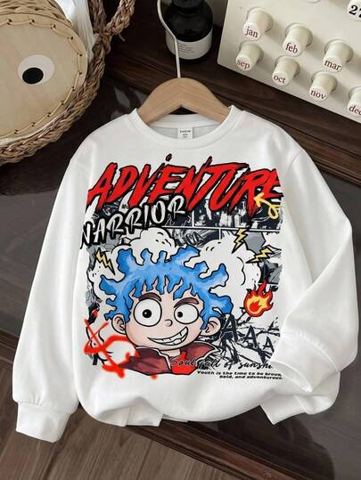 Tween Boy White Long Sleeve T-Shirt With Cartoon Character & Letter Print,Autumn Street Life Casual Graphic Street Fashion,School,Back-To-School Wear