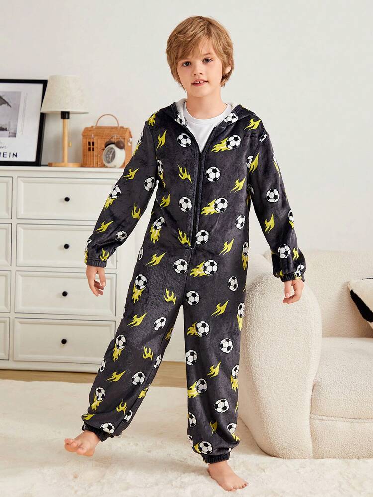 SHEIN Kids Tween Boy Football Print Hooded Pajamas, Thick Fleece Skin-Friendly Sleepwear, Suitable For Autumn/Winter - Multicolor - View 4