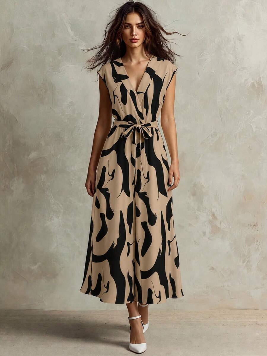 SHEIN Franclia 女士夏季连体裤,收腰阔腿印花连体衣套装,猎豹纹印花连体裤,无袖连体裤,女士休闲连体裤 - 卡其色 - 查看 1