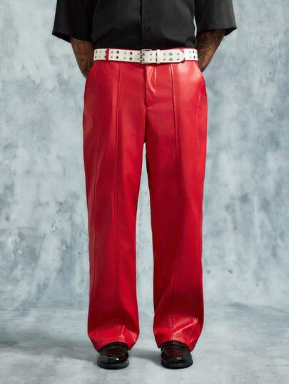 INCRYTM Men's Street Fashion Loose Fit PU Leather Pants Racing Pants Rave Trousers Rave Pants Red Leather Pants