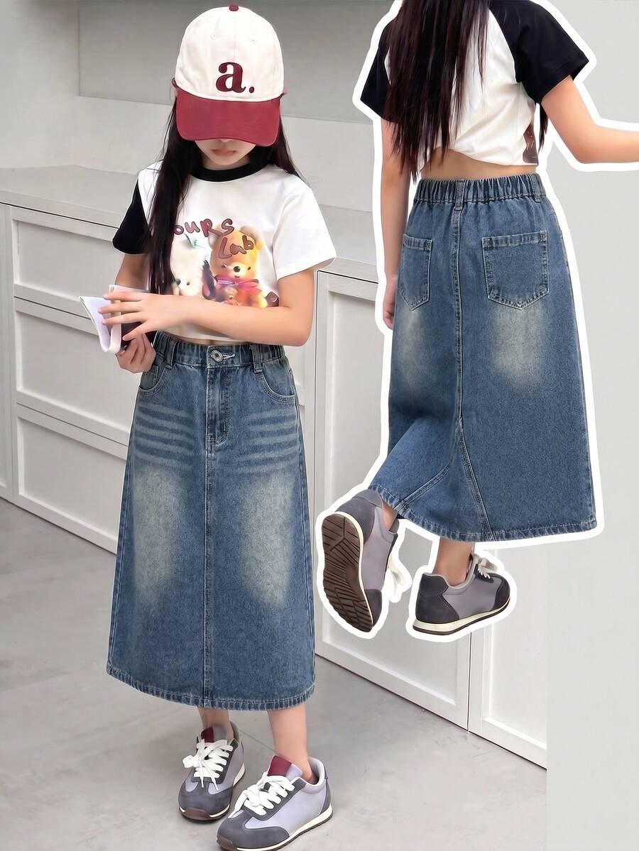 SHEIN Girls' Casual All-Match School Style Simple Washed Light Blue Denim Skirt Fall Winter - Dark Wash - View 1