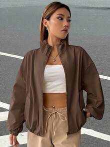SHEIN EZwear 女款素色立領拉鍊時尚百搭日常旅行長袖夾克 - 咖啡棕 - 查看 7