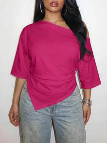Slaydiva 2026 Spring/Summer Women's Plus Size Solid Color Asymmetrical T-Shirt - Hot Pink - View 9