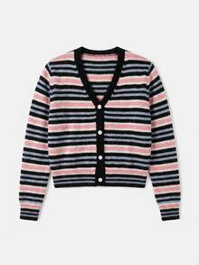lacRébo Multicolor Striped Knit V Neck Wool Blended Cardigan Summer Autumn Casual Daily Casual - Multicolor - View 8