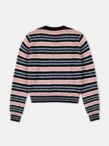 lacRébo Multicolor Striped Knit V Neck Wool Blended Cardigan Summer Autumn Casual Daily Casual - Multicolor - View 9