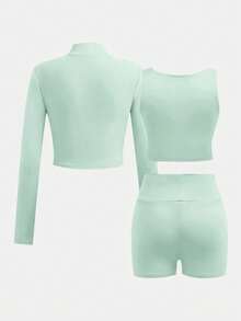 SHEIN 女童純色長袖拉鍊夾克背心短褲運動套裝 - 綠色 - 查看 12