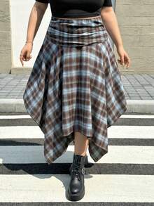 SHEIN CURVE+ 大尺碼高腰百褶不對稱下擺裙 秋季通勤約會畢業海灘正式場合 冬季 2026 22W 秋季棕色 90年代復古休閒 - 彩色 - 查看 5