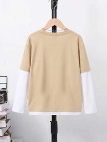 SHEIN Tween Boy Patchwork Crew Neck Long Sleeve Contrast Color Knit T-Shirt - Khaki - View 2