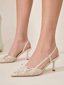 CUCCOO CHICEST Women Shoes Multicolor Lace Embroidered Pointed Low Heel Tripple Sandals, Bow Design, Commuter Dating Wedding Gentle Style Versatile Women's Shoes - Apricot A - View 3