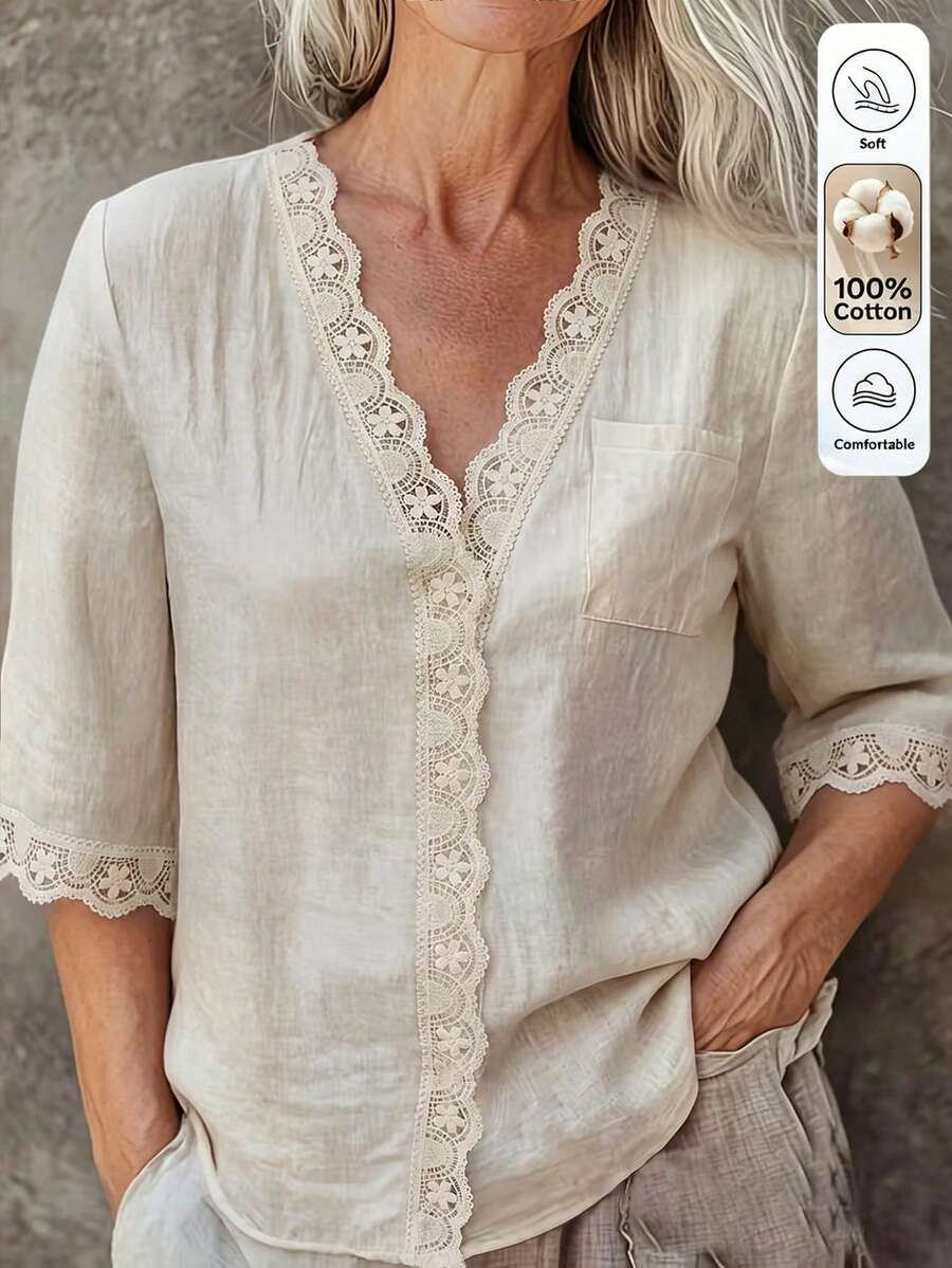 SHEIN LUNE CURVE Plus-Size Women's Patchwork Lace Casual Autumn Blouse - Apricot - View 1