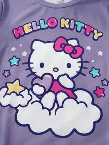 HELLO KITTY AND FRIENDS | SHEIN 2件組可愛休閒風青少年女孩圓領短袖上衣與短褲舒適居家服套裝 - 紫色 - 查看 4