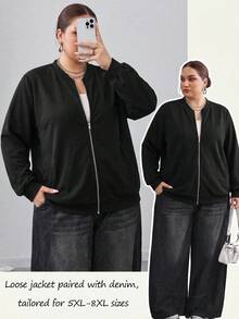 SHEIN CURVE+ Casual Smart Black Zipper Short Plus Size Flight Jacket Autumn 2026 22W - Black - View 1