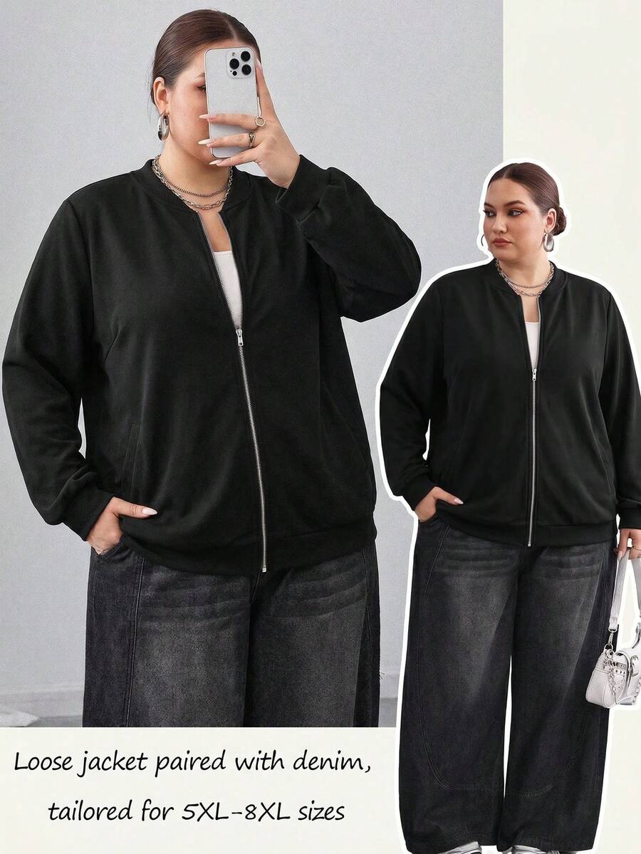 SHEIN CURVE+ Casual Smart Black Zipper Short Plus Size Flight Jacket Autumn 2026 22W - Black - View 1
