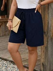 Comfylo Plus Size Solid Color Casual Versatile Shorts For Vacation - Navy Blue - View 4