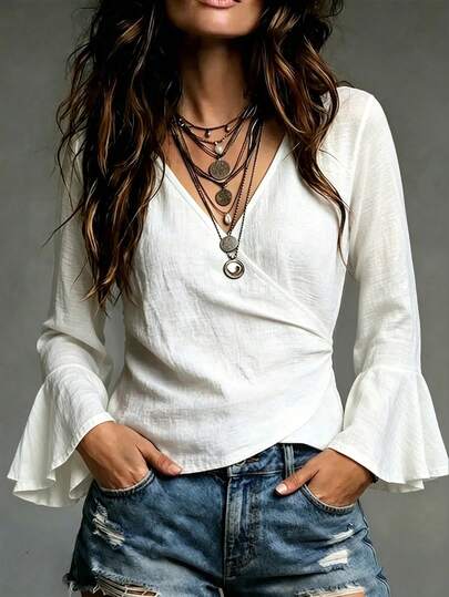 Glimmora Vacation & Commute Vintage Long Sleeve Top, Cross Wrap V-Neck Twisted Waist Flare Sleeve American Bohemian Style Open Front Women's Top