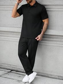 Manfinity CasualCool 男士紋理提花兩件套，紋理提花短袖 Polo 衫 + 紋理提花長褲，休閒日常通勤 - 黑色 - 查看 7