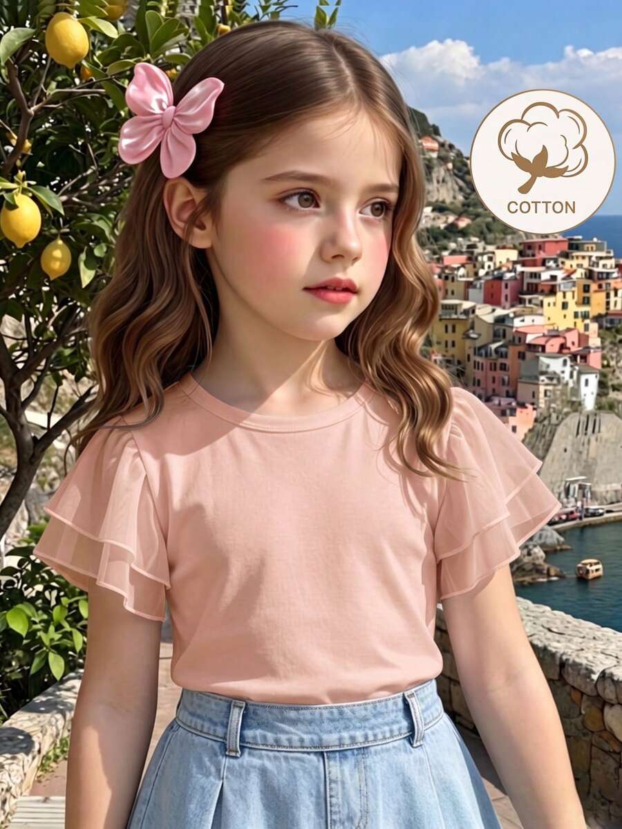 Elladie kids 女童雪紡荷葉邊短袖圓領粉色T恤,簡約時尚,舒適百搭 - 粉色 - 查看 1