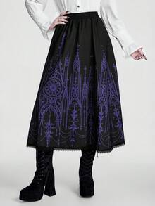 Breakform Rok Wanita Kasual Punk Gothic Bermotif Bunga dan Mengembang - Hitam - View 4