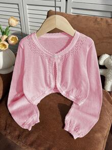 SHEIN Lightweight Knit Cardigan For Tween GirlsOpen Front Sweater, Outerwear To Match Camisole Dress - Pink - View 1
