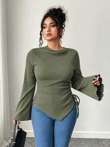 Elenzga Plus Size Solid Color Bell Sleeve Asymmetric Hem T-Shirt - Olive Green - View 3