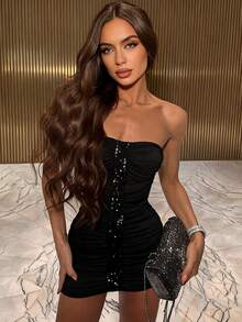 Avenya Strapless Beaded Patchwork Ruched Fitted Mini Dress With Super Bodycon Design For Party - Black - View 3