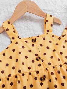 SHEIN 歐美風少女夏季波點印花細肩帶上衣 + 寬腿長褲 2件套，柔軟面料，甜美可愛，適合戶外玩耍穿搭 - 黃色 - 查看 5