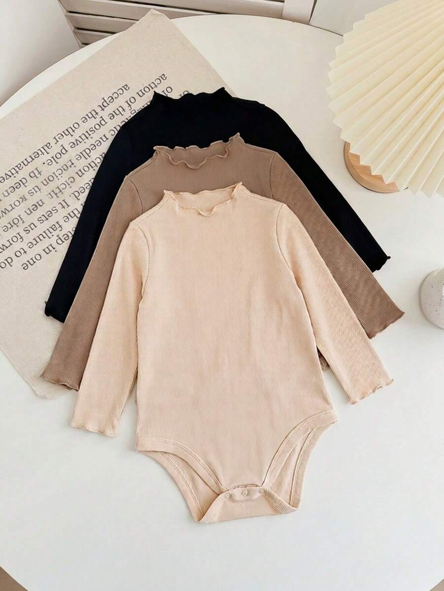 SHEIN LMoss Kids LMoss 女嬰舒適針織純色荷葉邊連身衣 3件套,秋季 - 卡其色 - 查看 1