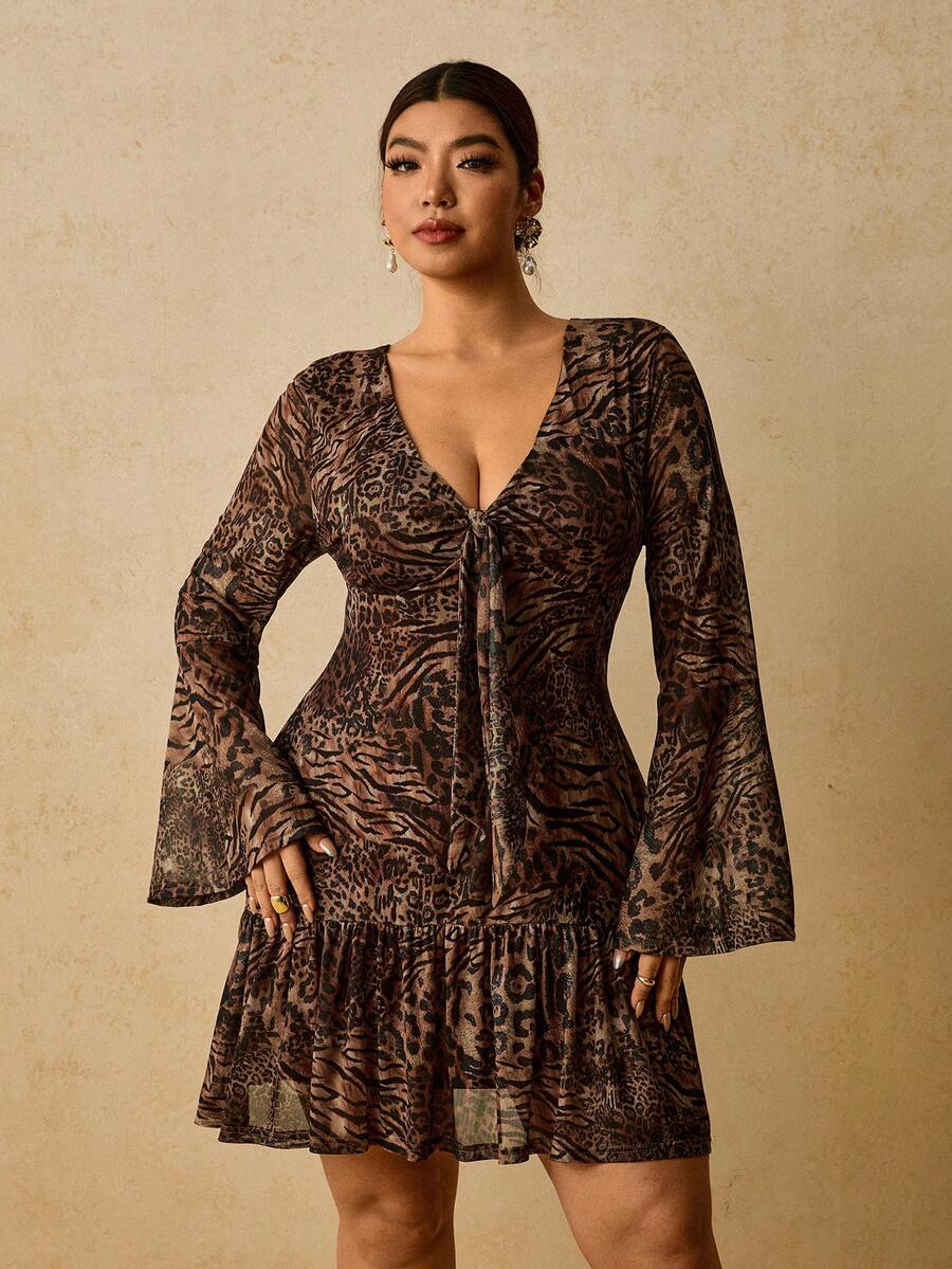 Travachic Plus Size Women's Casual Paisley Flower Print Patchwork Flare Sleeve Dress For Holiday Fall - Multicolor - View 1