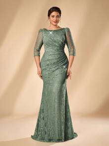 Serin Plus Size Elegant Classy Beaded Rhinestone Patchwork Elastic Lace Sheer Sleeve Ruched Mermaid Skirt Wedding Formal Party Evening Olive Green Fall - Green - View 6