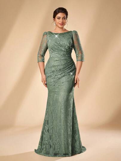 Serin Gaun Mermaid Ukuran Plus yang Elegan, Mewah, Berhiaskan Manik-manik dan Rhinestone, Patchwork, Renda Elastis, Lengan Transparan, dan Rok Berkerut, Cocok untuk Pernikahan, Pesta, Pesta Bujang, Liburan, Dansa, Hari Raya, Pengantin, Ibu, Gaun Malam