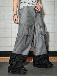 ROMWE MEN Street Life Celana Jeans Denim Pria Model Longgar dengan Motif Patchwork dan Dasi, Warna Kontras, dan Potongan Lebar. - MultiWarna - View 4