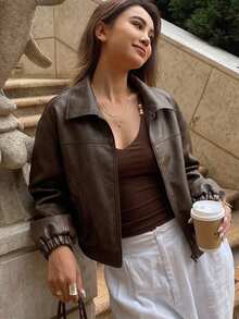 DAZY Women's Casual PU Leather Collar Long Sleeve Regular Jacket Y2k - Coffee Brown - View 2