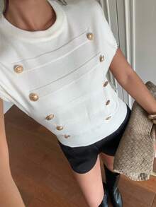 Aloruh Women's Autumn/Winter Pullover Napoleon Style Metal Decor Textured Knit Sweater Vest - Apricot - View 5