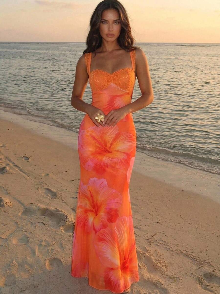 Aloruh New Romantic Yellow Gradient Floral Mesh Print Fitted Elastic Sexy Backless Bodycon Long Dress With Lace Decor For Sweet Street Style - Orange - View 1