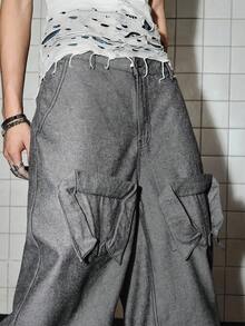 ROMWE MEN Street Life Celana Jeans Denim Pria Model Longgar dengan Motif Patchwork dan Dasi, Warna Kontras, dan Potongan Lebar. - MultiWarna - View 2