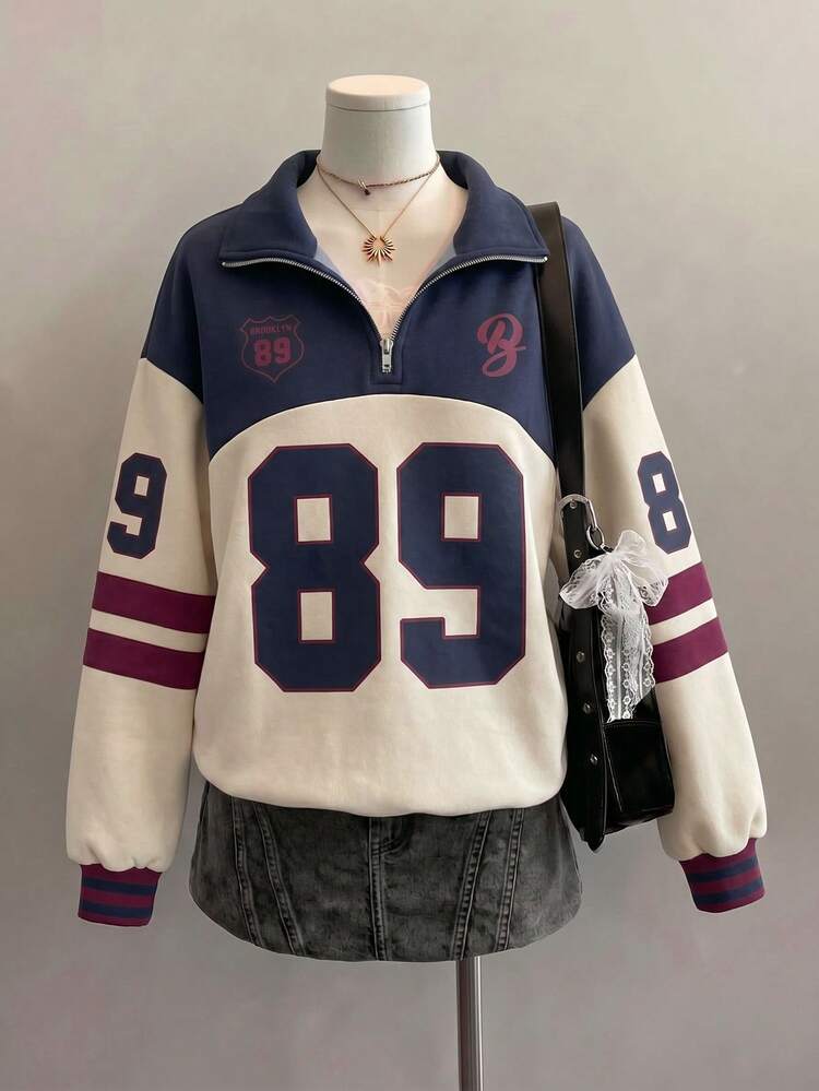 Attitoon Women's Casual Retro Colorblock Stand Collar Sweatshirt, American Collegiate Vintage - Multicolor - View 7