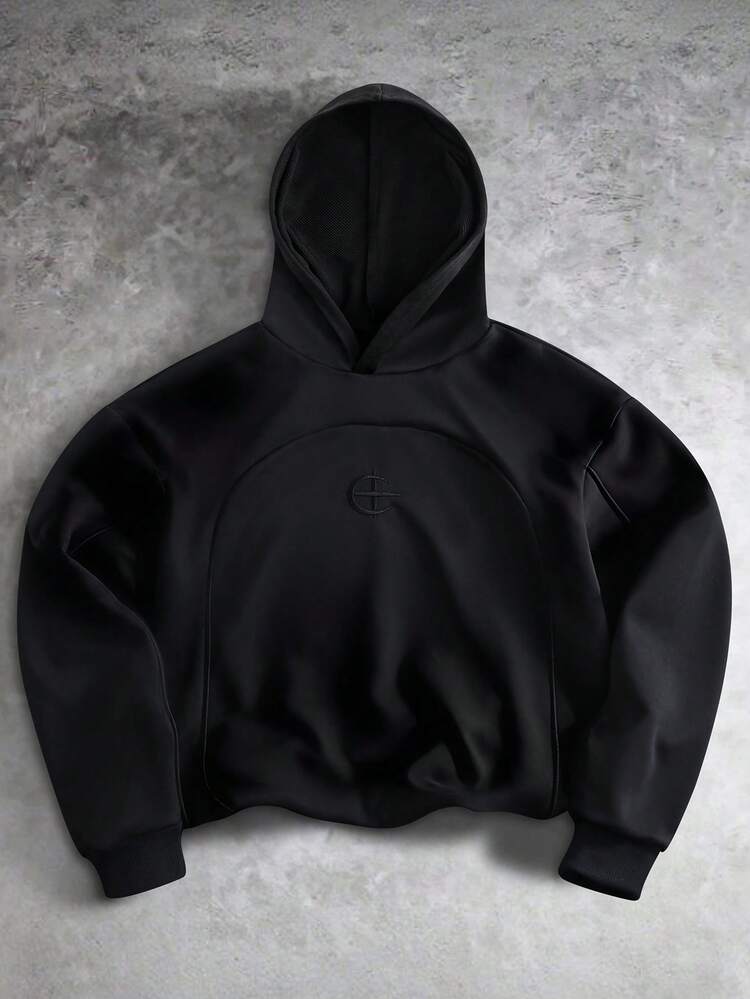 1pc Teen Boys Fashion High Street Solid Color Hooded Pullover Knit Sweatshirt, Exquisite Embroidered Pattern Design, Comfortable Fabric, Spring/Autumn New Style, Sports Casual Streetwear, Suitable For Multiple Seasons - Black - View 1