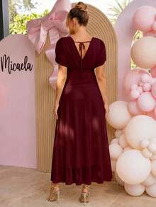 Loomaby Elegant Solid Color Maternity Party Dress - Burgundy - View 2