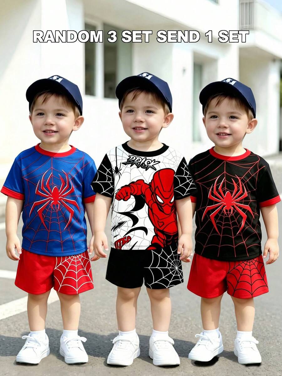 1 Random Set, Set Cartoon Print Short Sleeve Top And Shorts Set, Casual Style, Holiday, Back To School, Daily - Multicolor - View 1