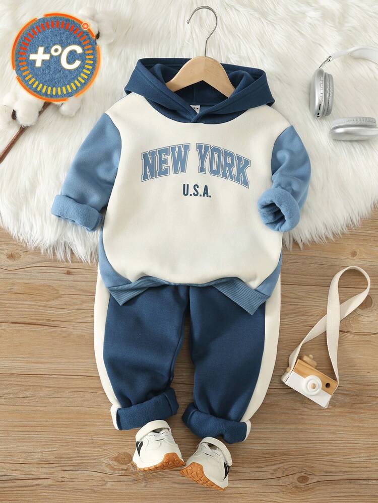 2pcs/Set Kids Young Boy Autumn/Winter Cute Knitted Colorblock Letter Print Hooded Sweatshirt & Elastic Waist Long Pants Set, Boys Sweatshirt Set, Colorblock Set, Sports Set - Multicolor - View 6