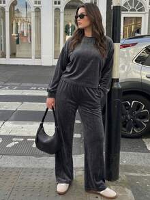 Solavibe Plus Size Autumn Casual Simple Traditional Elegant Solid Color Top And Pants 2 Pieces Set Fall Vacation Formal Black - Grey - View 1