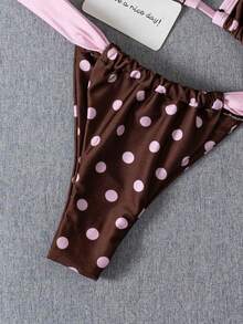 Swim Mod Spring/Summer Full Print Color Block Polka Dot Halter Tie Two Pieces Swimsuit Set - Multicolor - View 5