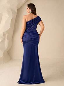 Coutiva Plus Size One Shoulder Ruched Elegant Cinched Waist Formal Evening Gown Dress - Navy Blue - View 2