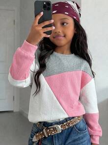 SHEIN Sudadera holgada y cómoda con cuello redondo y bloque de colores en contraste para niña preadolescente - Multicolor - Ver 7